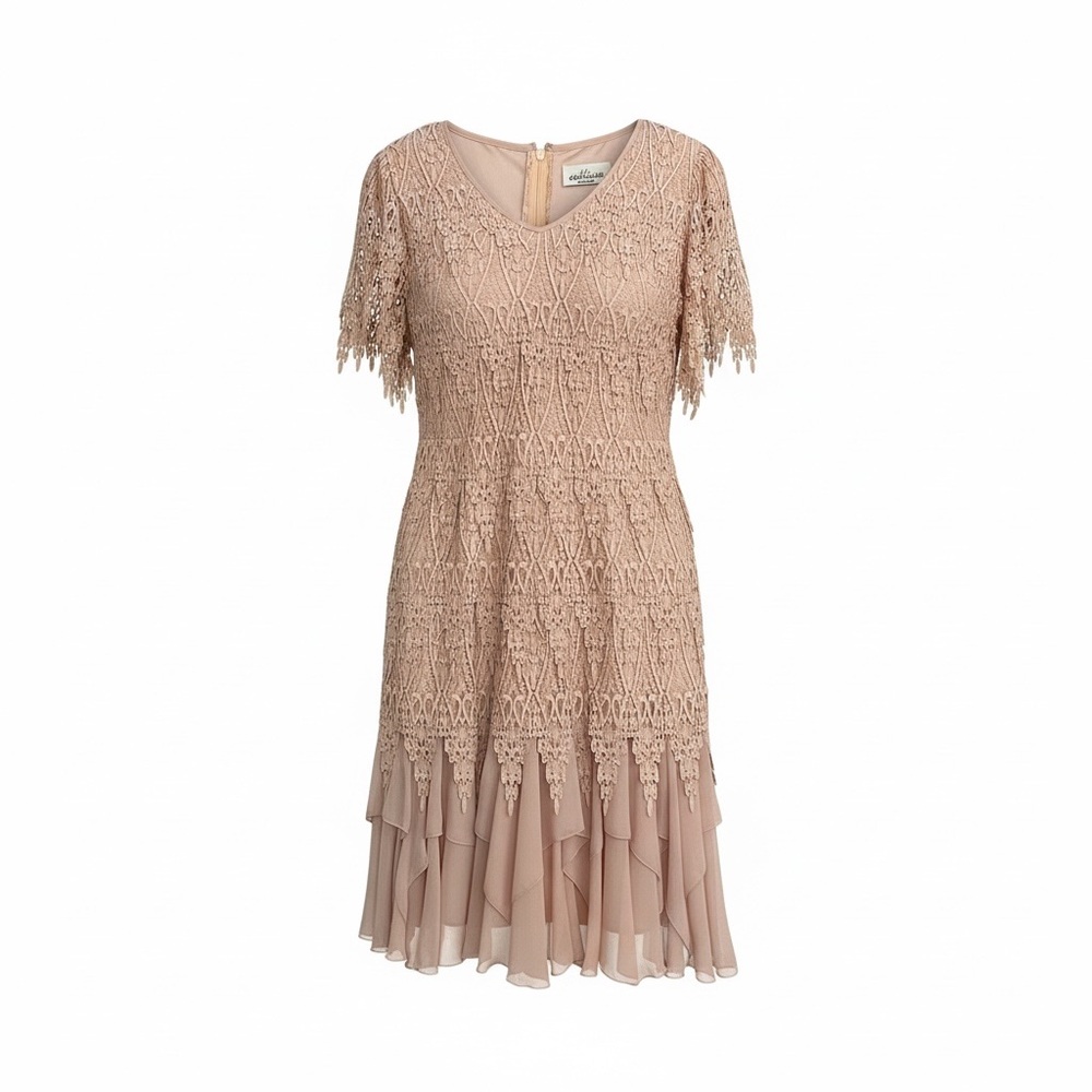VTG Cattiva New York Blush Crochet Lace Dress Sz 10 Ruffle Sheath Evening Fairy